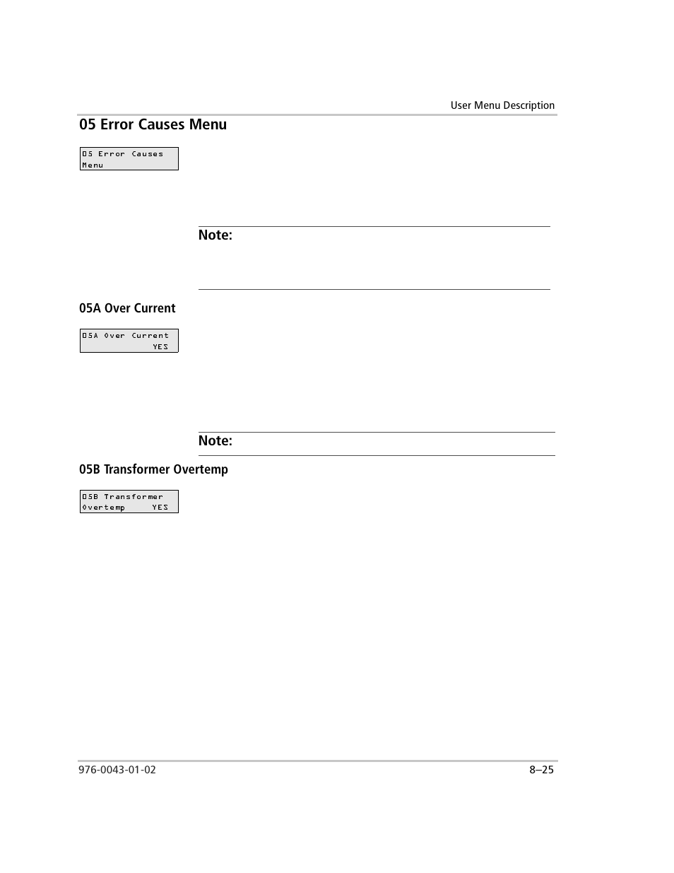 05 error causes menu, Note, 05a over current | 05b transformer overtemp, 05 error causes menu –25, 05a over current –25, 05b transformer overtemp –25 | Xantrex Technology SW Plus 4024 User Manual | Page 243 / 344