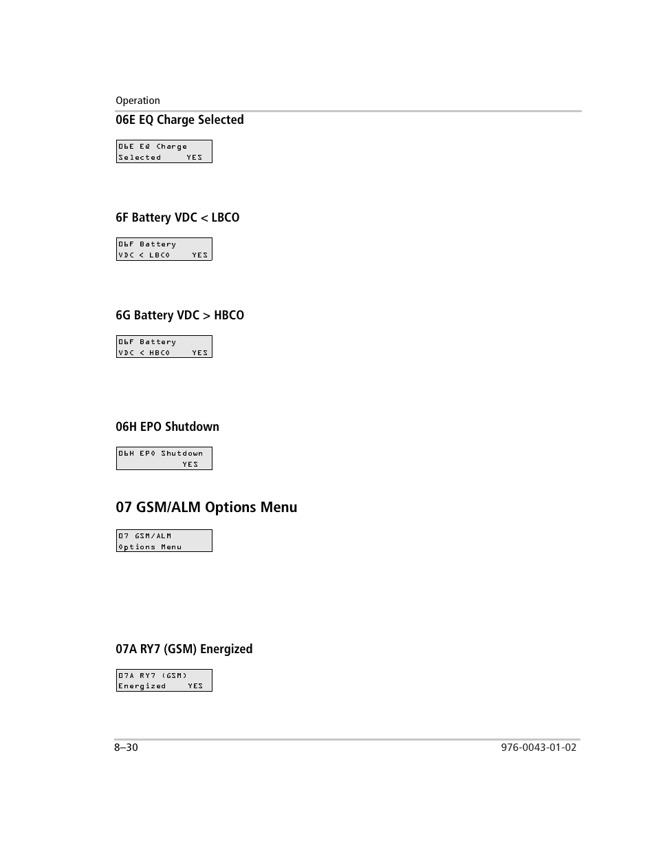 06e eq charge selected, 6f battery vdc < lbco, 6g battery vdc > hbco | 06h epo shutdown, 07 gsm/alm options menu, 07a ry7 (gsm) energized, 07 gsm/alm options menu –30, 07a ry7 (gsm) energized –30 | Xantrex Technology SW Plus 4024 User Manual | Page 248 / 344