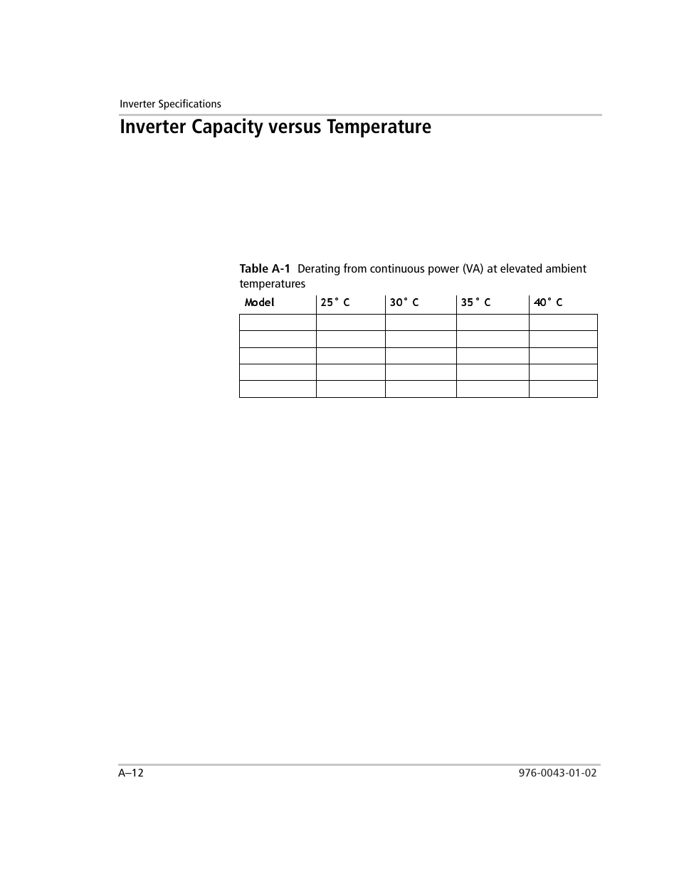 Inverter capacity versus temperature, Table a-1 | Xantrex Technology SW Plus 4024 User Manual | Page 270 / 344