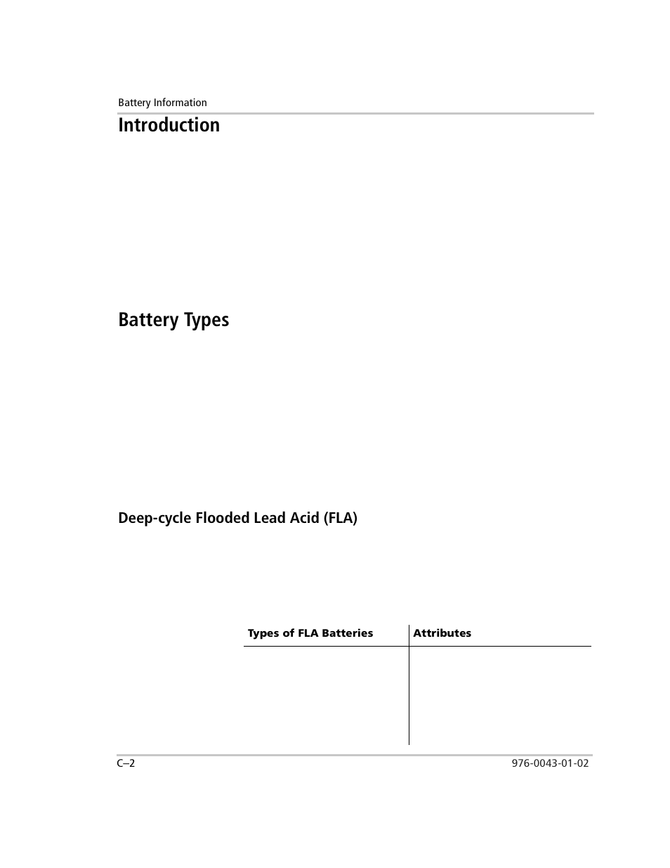 Introduction, Batteries, Recommendations | Battery types, Deep discharge, Starting, Deep-cycle flooded lead acid (fla), Description, Attributes | Xantrex Technology SW Plus 4024 User Manual | Page 292 / 344