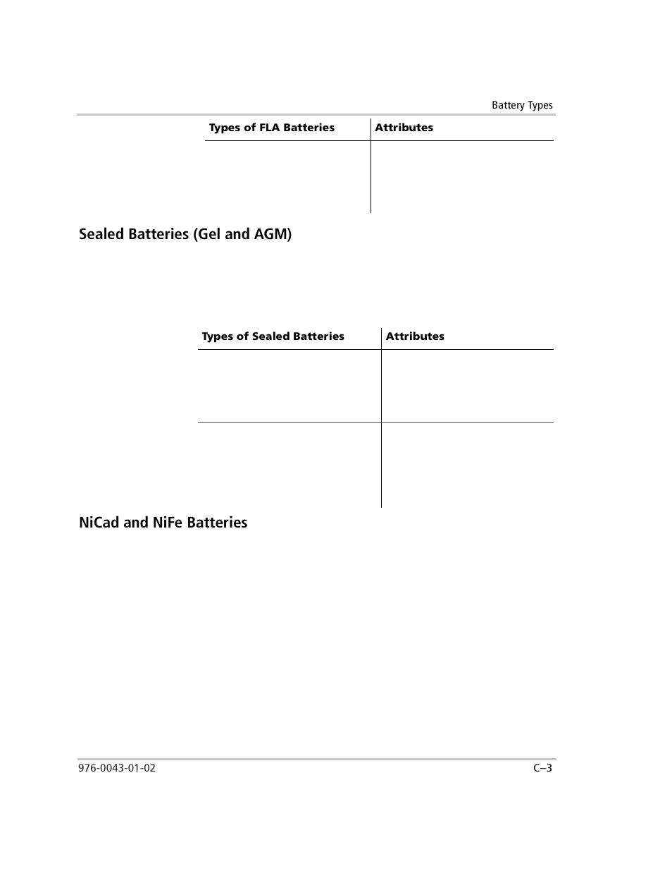 Sealed batteries (gel and agm), Description, Attributes | Nicad and nife batteries, Disadvantages | Xantrex Technology SW Plus 4024 User Manual | Page 293 / 344