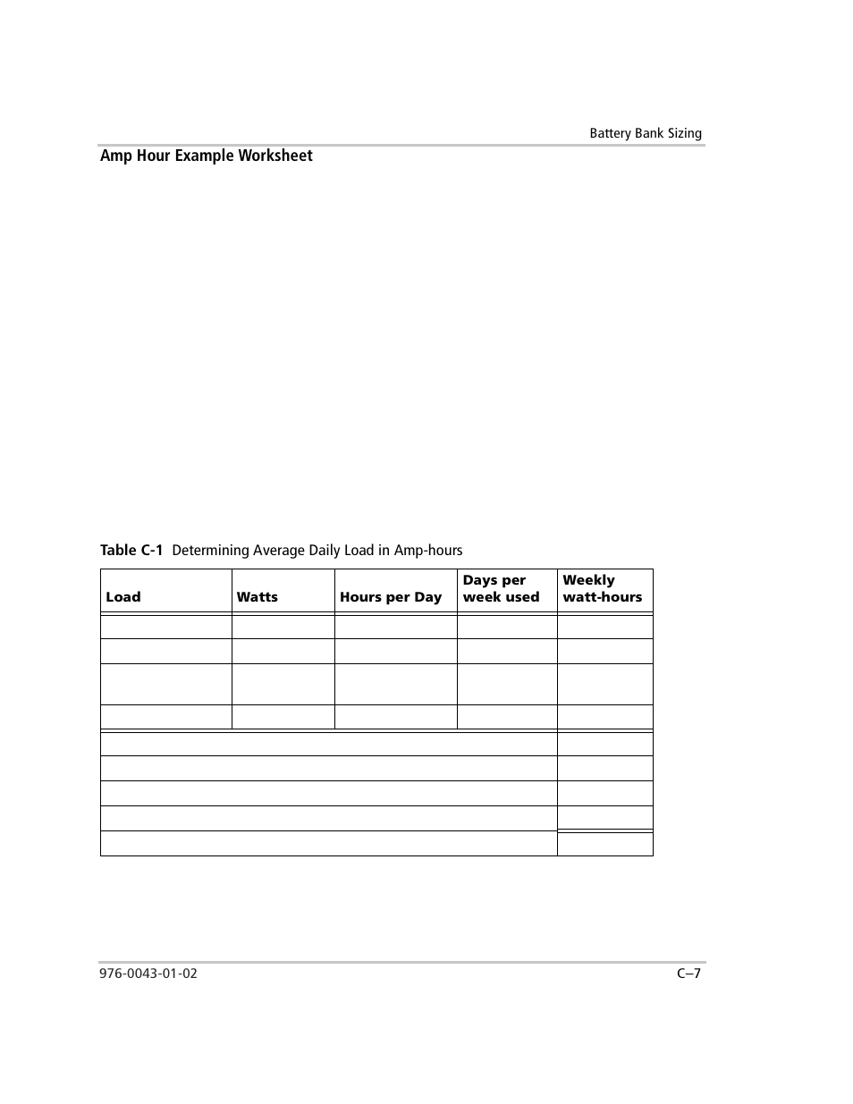 Amp hour example worksheet, To calculate amp-hour requirements, Table c-1 | Table c-1, “determining average | Xantrex Technology SW Plus 4024 User Manual | Page 297 / 344