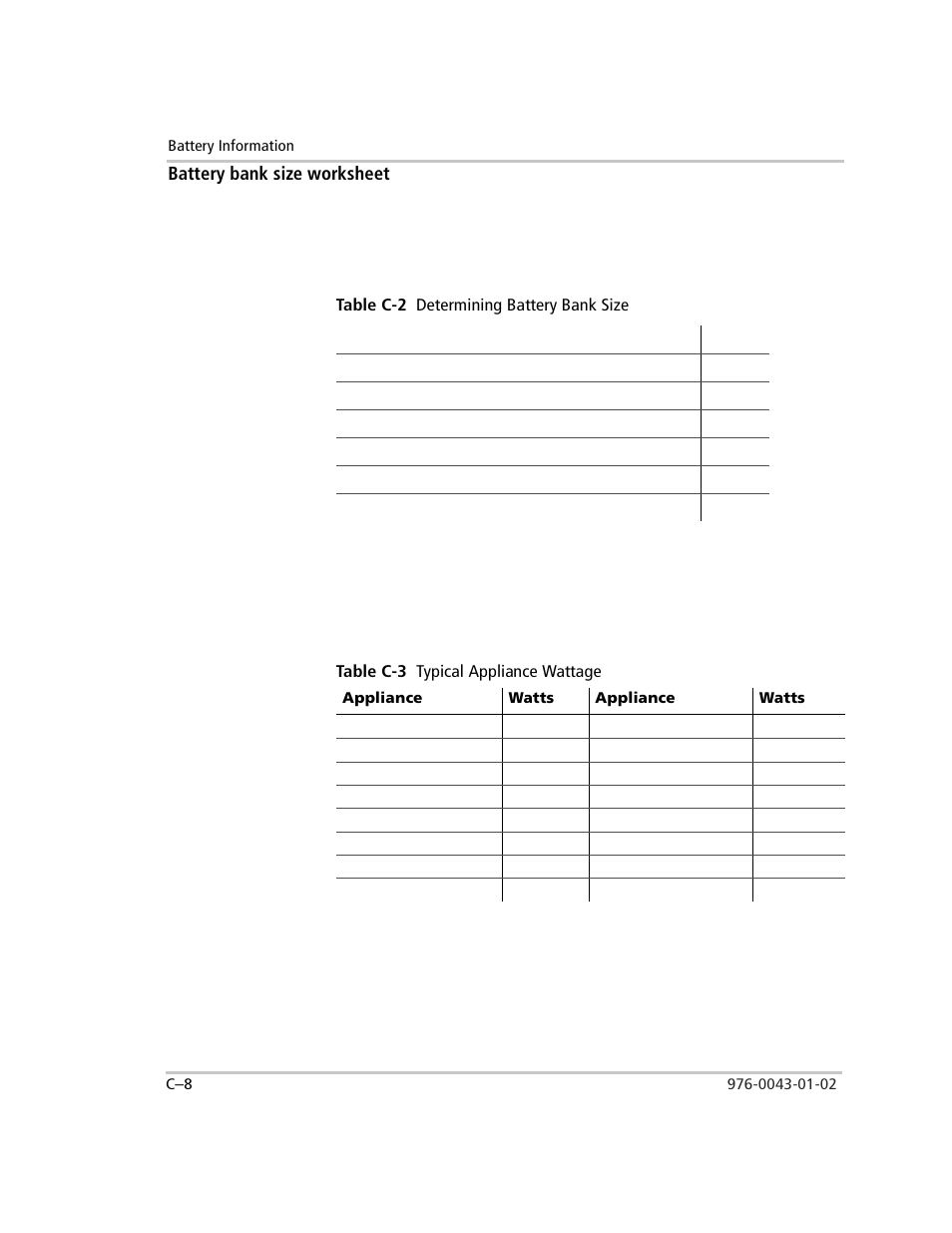 Battery bank size worksheet, Calculation, Table c-2 determining battery bank size | Worksheets, Table c-3 typical appliance wattage, Table c-2, Table c-3 | Xantrex Technology SW Plus 4024 User Manual | Page 298 / 344