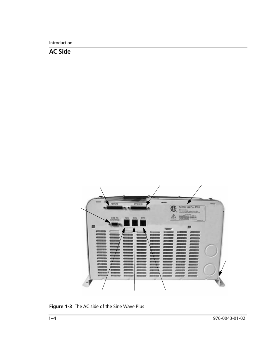 Ac side, Figure 1-3 the ac side of the sine wave plus, Ac side –4 | Figure 1-3, The ac side of the | Xantrex Technology SW Plus 4024 User Manual | Page 30 / 344