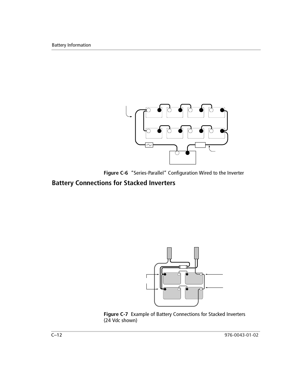 Connect to inverter, To connect to the inverter, Battery connections for stacked inverters | Figure c-6, Figure c-7 | Xantrex Technology SW Plus 4024 User Manual | Page 302 / 344