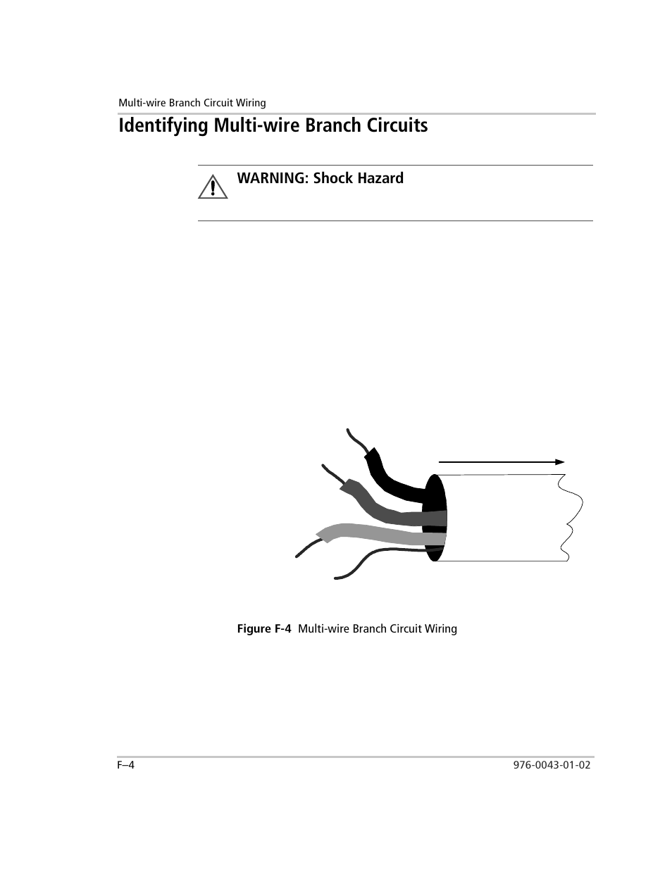 Identifying multi-wire branch circuits, Identifying characteristic, Figure f-4 multi-wire branch circuit wiring | Figure f-4, Warning: shock hazard | Xantrex Technology SW Plus 4024 User Manual | Page 320 / 344