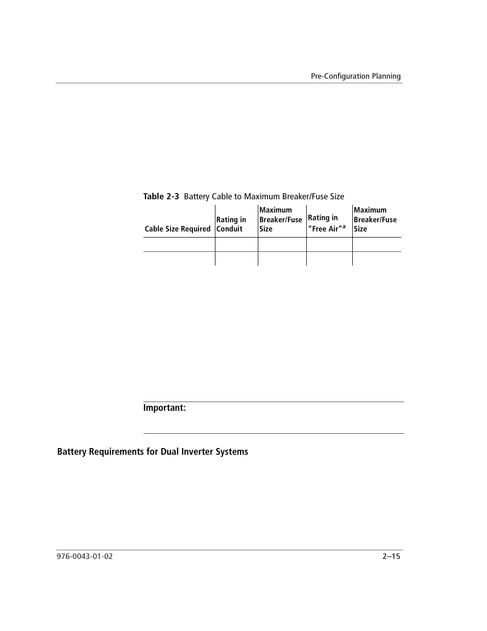 Fuse block (tfb), Important, Battery requirements for dual inverter systems | Dual inverters (not stacked), Battery requirements for dual inverter systems –15, Table 2-3, Battery cable to maximum breaker/fuse size –15 | Xantrex Technology SW Plus 4024 User Manual | Page 49 / 344