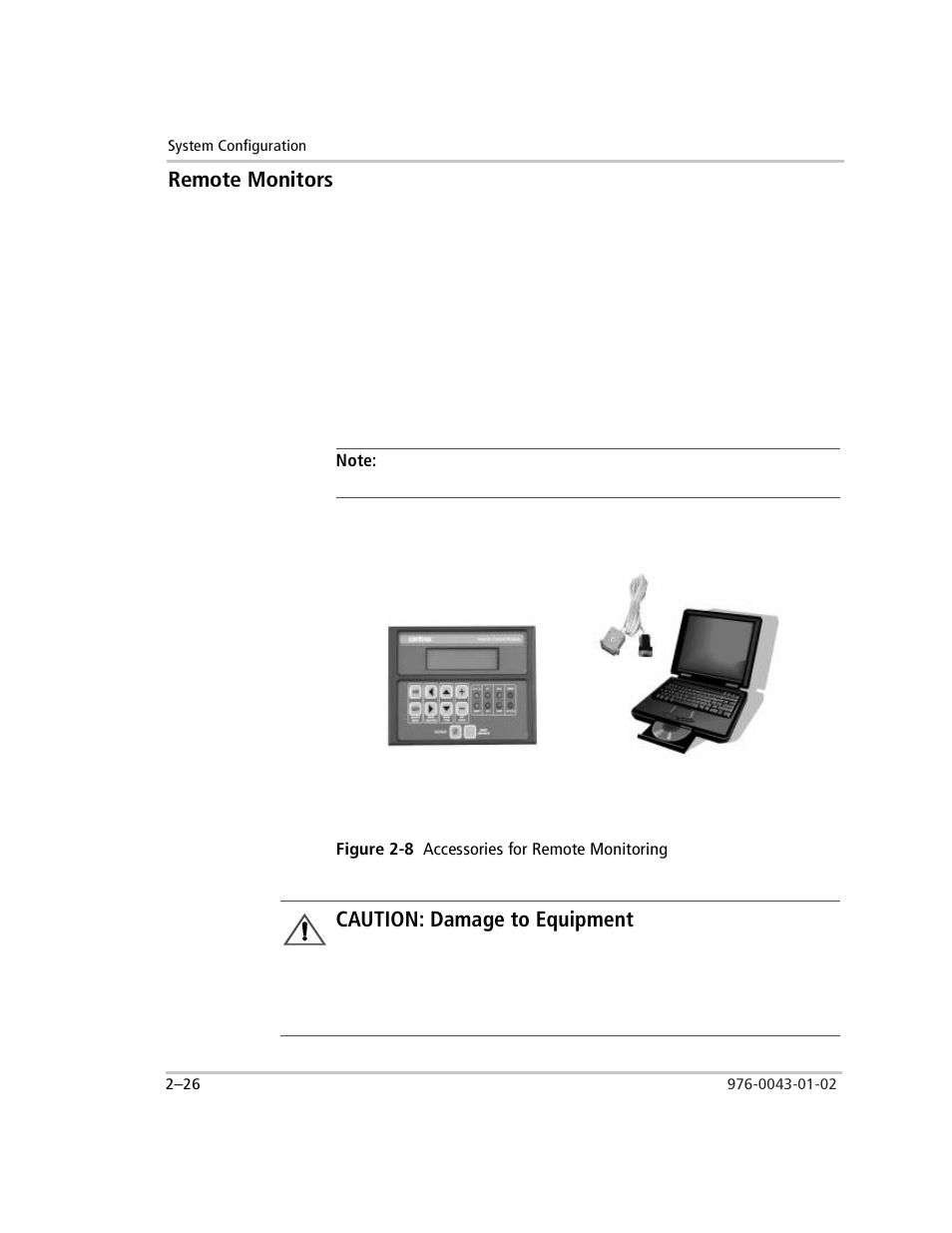 Remote monitors, Figure 2-8 accessories for remote monitoring, Caution : damage to equipment | Remote monitors –26, Figure 2-8, Accessories for remote monitoring –26, Caution: damage to equipment | Xantrex Technology SW Plus 4024 User Manual | Page 60 / 344