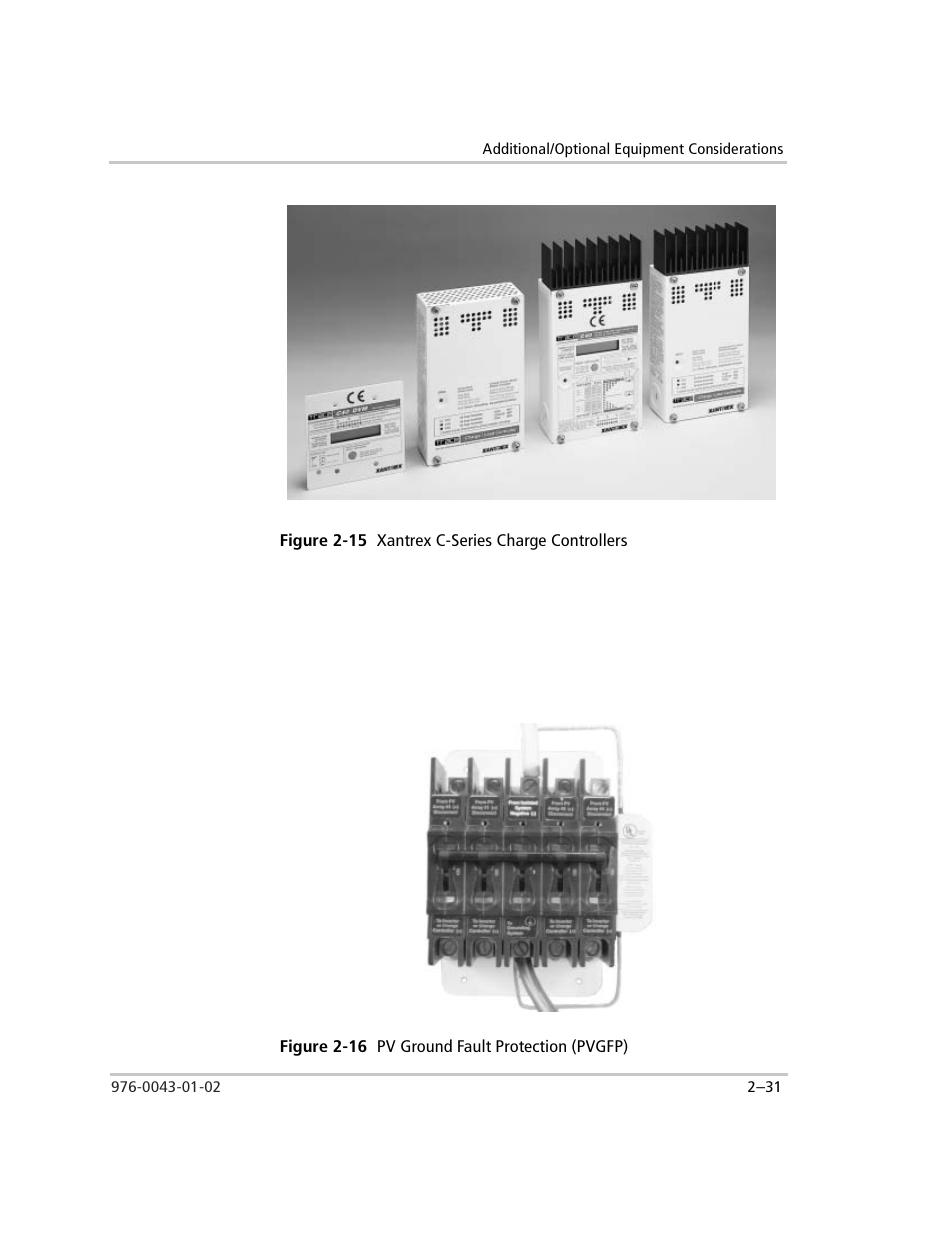 Figure 2-15 xantrex c-series charge controllers, Pvgfp, Figure 2-16 pv ground fault protection (pvgfp) | Figure 2-15, Xantrex c-series charge controllers –31, Figure 2-16, Pv ground fault protection (pvgfp) –31 | Xantrex Technology SW Plus 4024 User Manual | Page 65 / 344