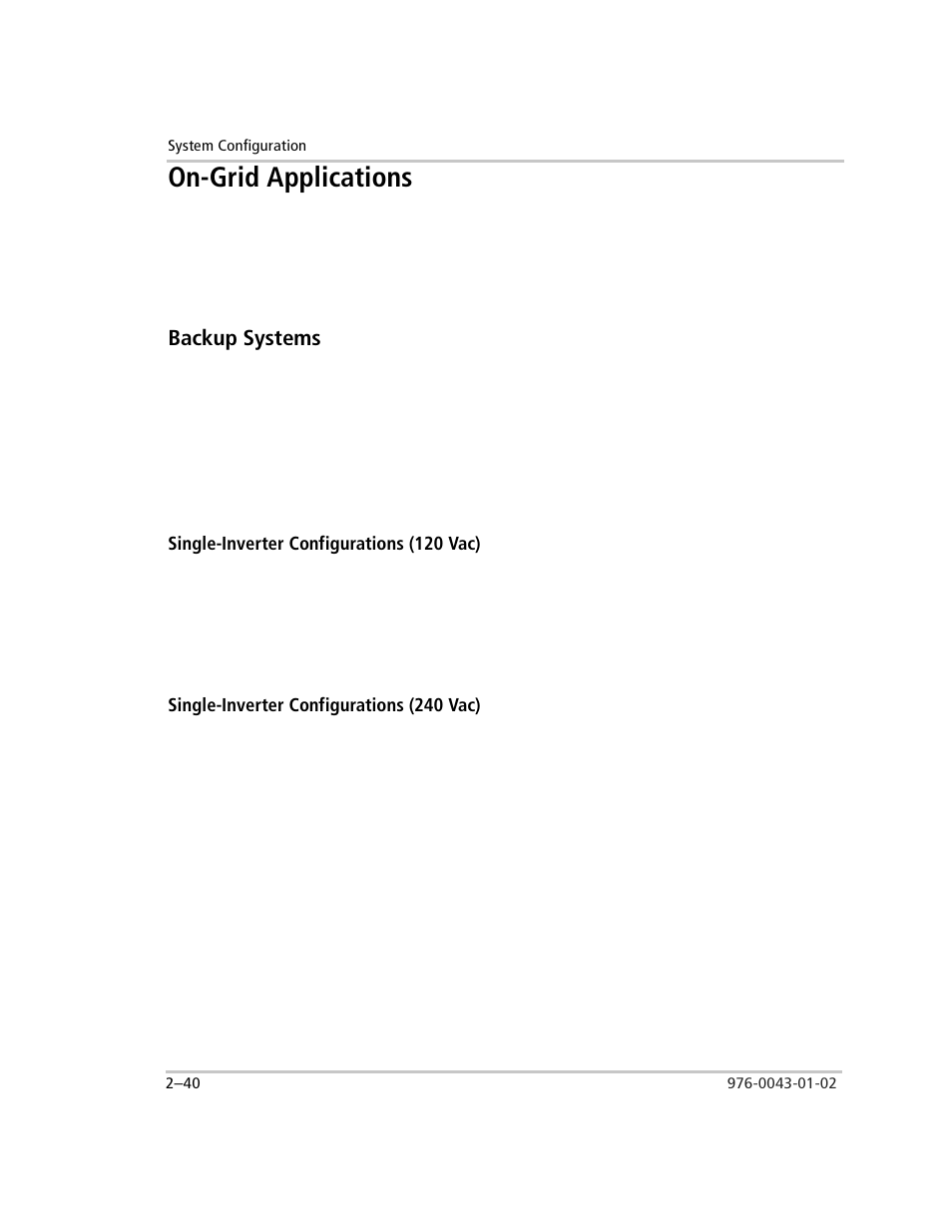 On-grid applications, Backup systems, Renewable energy backup (bx mode) | Utility backup (sb mode), Single-inverter configurations (120 vac), Single-inverter configurations (240 vac), On-grid applications –40, Backup systems –40 | Xantrex Technology SW Plus 4024 User Manual | Page 74 / 344
