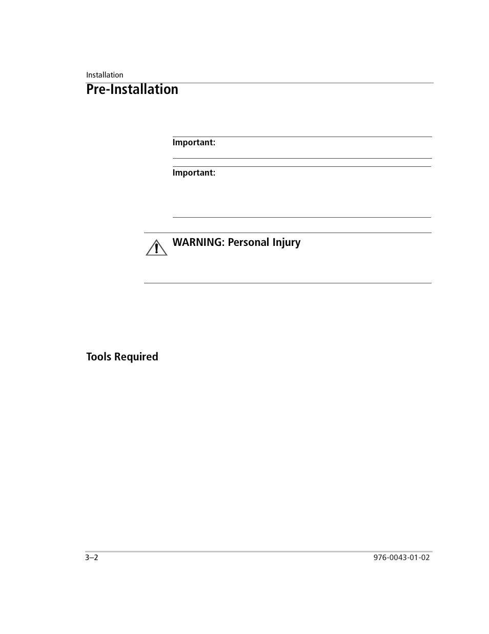 Pre-installation, Important, Tools required | Pre-installation –2, Tools required –2, Warning: personal injury | Xantrex Technology SW Plus 4024 User Manual | Page 84 / 344