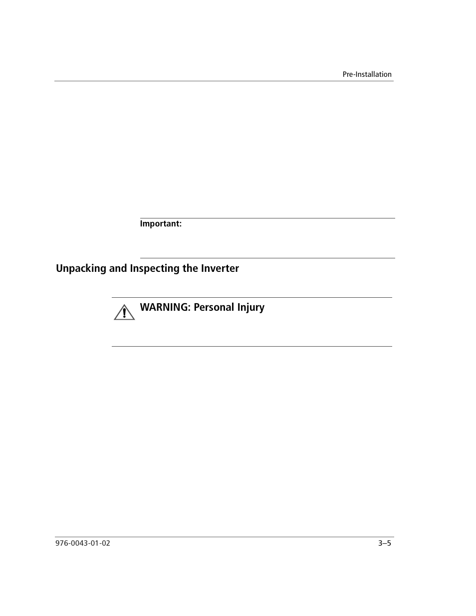 Important, Unpacking and inspecting the inverter, Unpacking and inspecting the inverter –5 | Warning: personal injury | Xantrex Technology SW Plus 4024 User Manual | Page 87 / 344