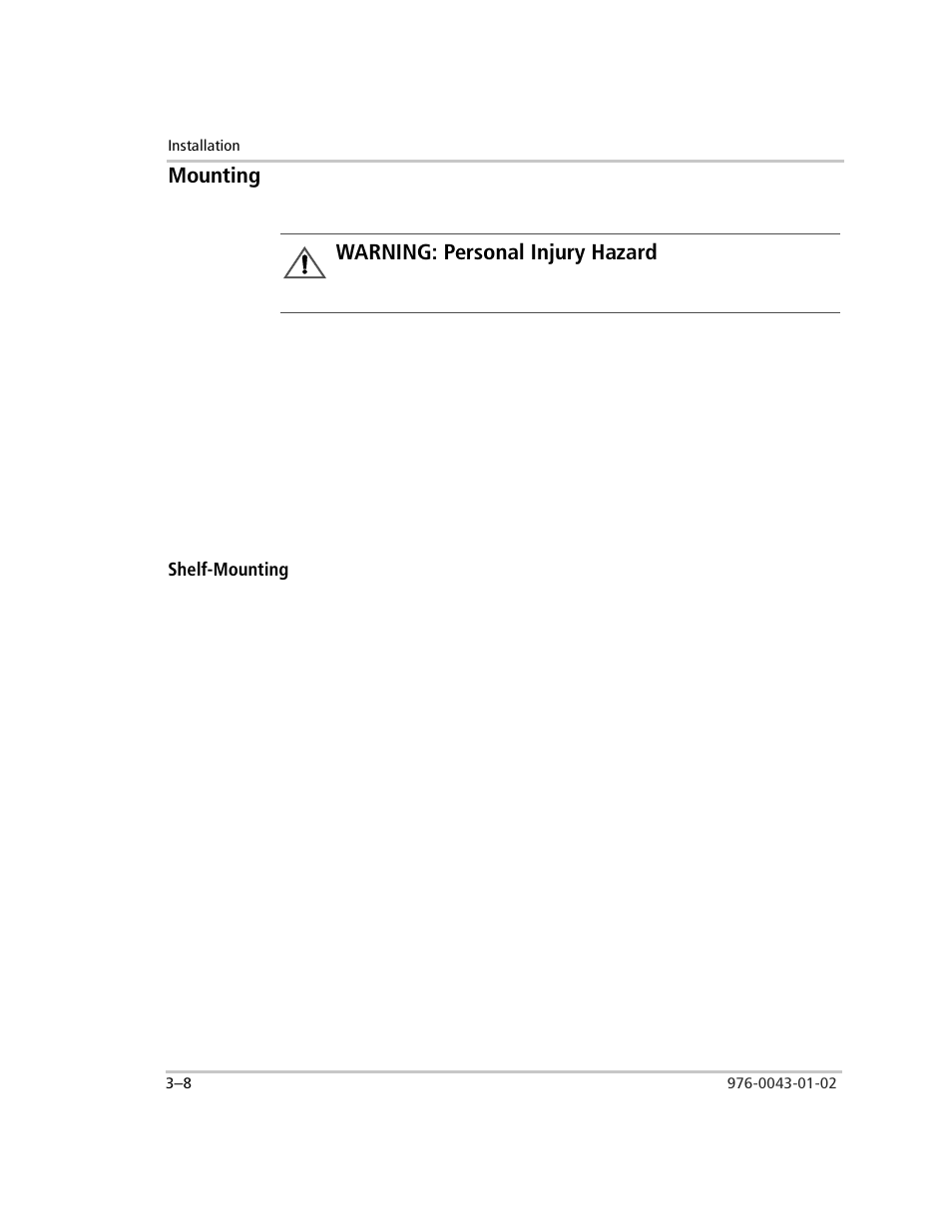 Mounting, Shelf-mounting, Mounting –8 | Shelf-mounting –8, Warning: personal injury hazard | Xantrex Technology SW Plus 4024 User Manual | Page 90 / 344