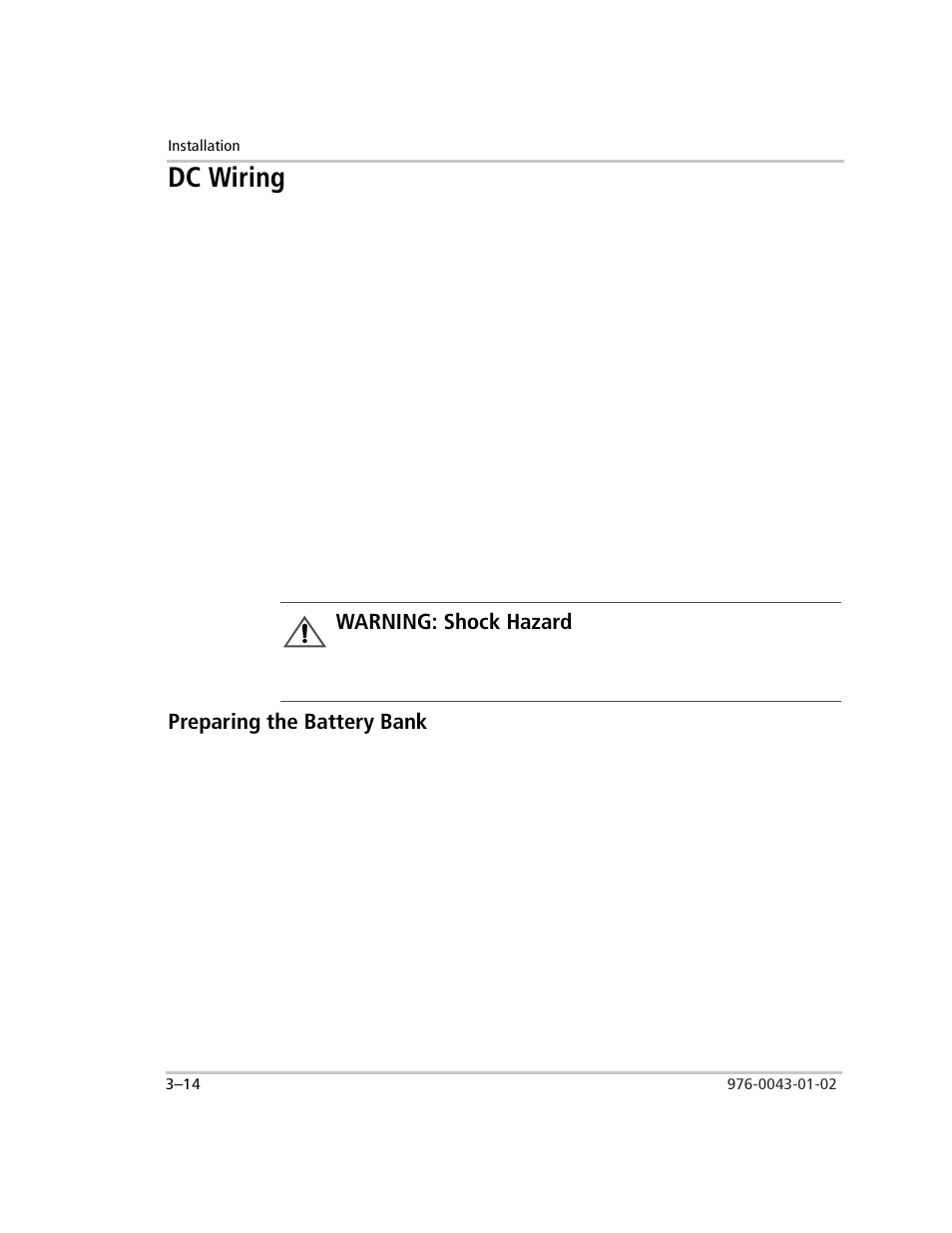Dc wiring, Preparing the battery bank, Dc wiring –14 | Preparing the battery bank –14, Warning: shock hazard | Xantrex Technology SW Plus 4024 User Manual | Page 96 / 344