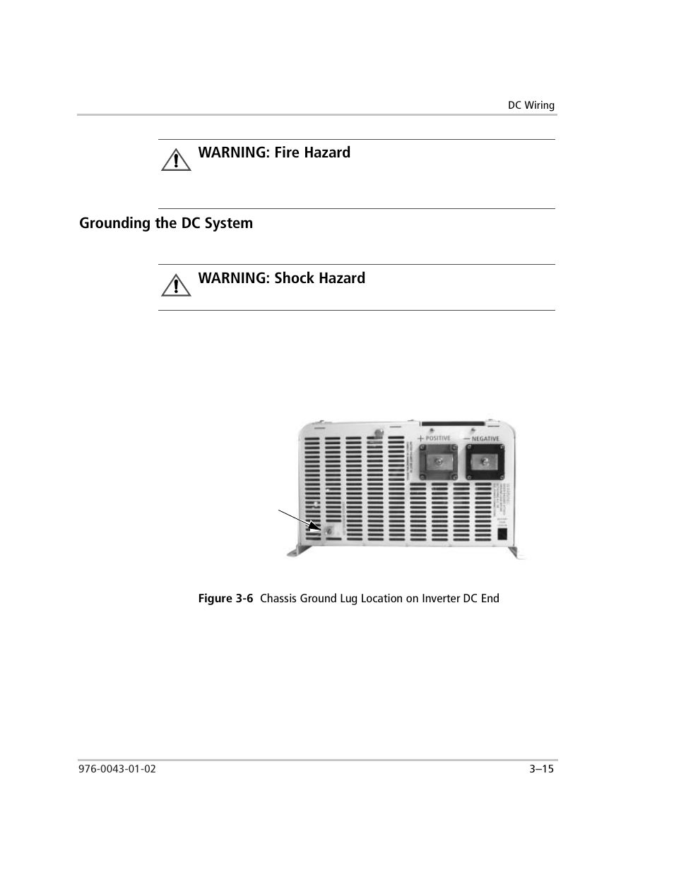Grounding the dc system, Grounding the dc system –15, Figure 3-6 | Chassis ground lug location on inverter dc end –15, Warning: fire hazard, Warning: shock hazard | Xantrex Technology SW Plus 4024 User Manual | Page 97 / 344