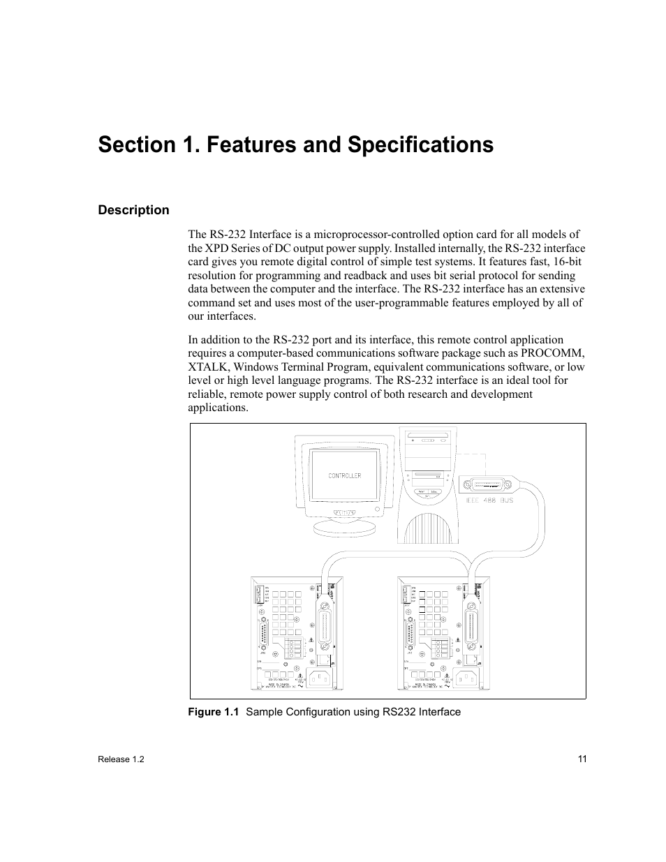 Section 1. features and specifications, Description, Section 1 | Features and, Specifications | Xantrex Technology RS232-XPD User Manual | Page 13 / 60