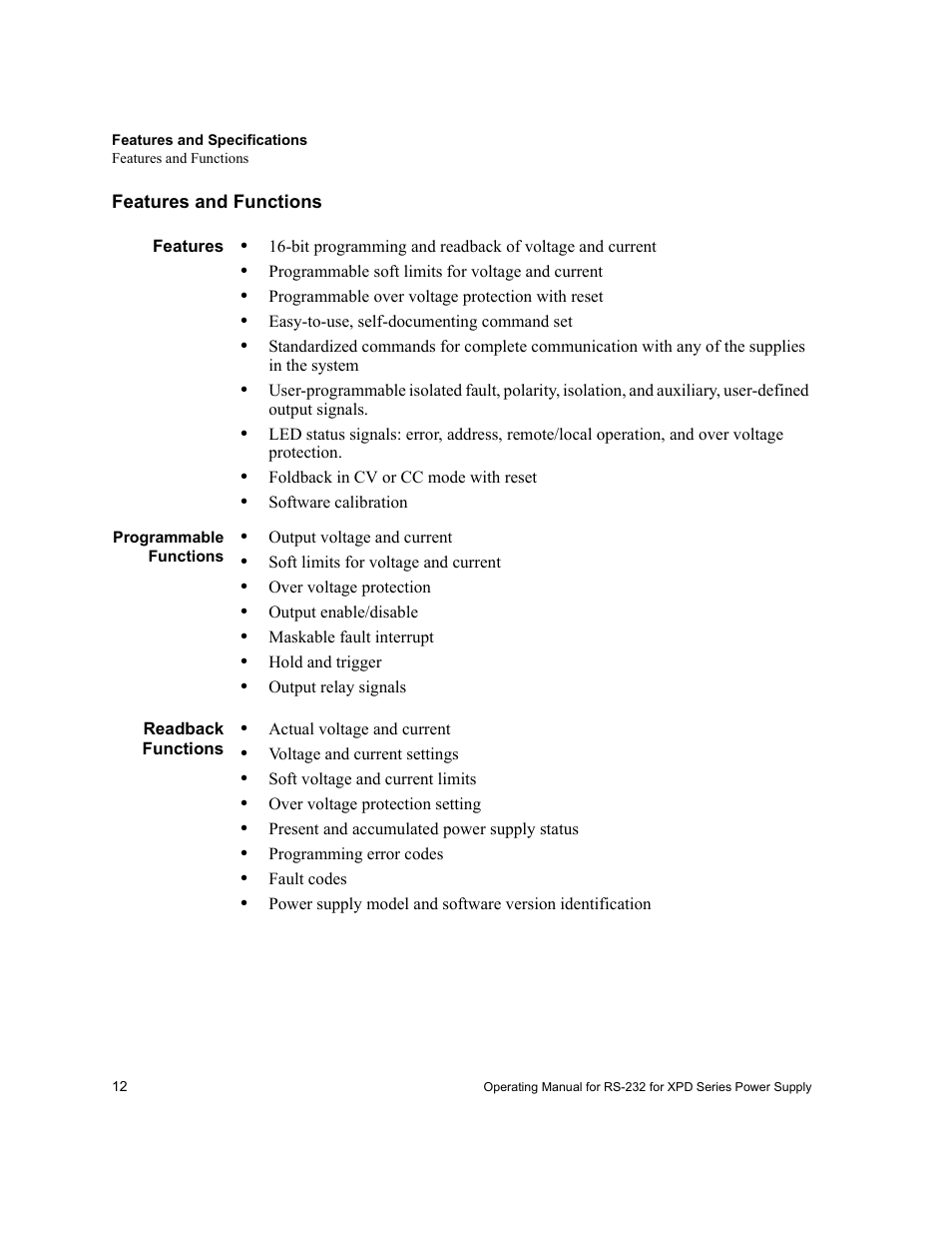 Features and functions, Features, Programmable functions | Readback functions, Features programmable functions readback functions | Xantrex Technology RS232-XPD User Manual | Page 14 / 60