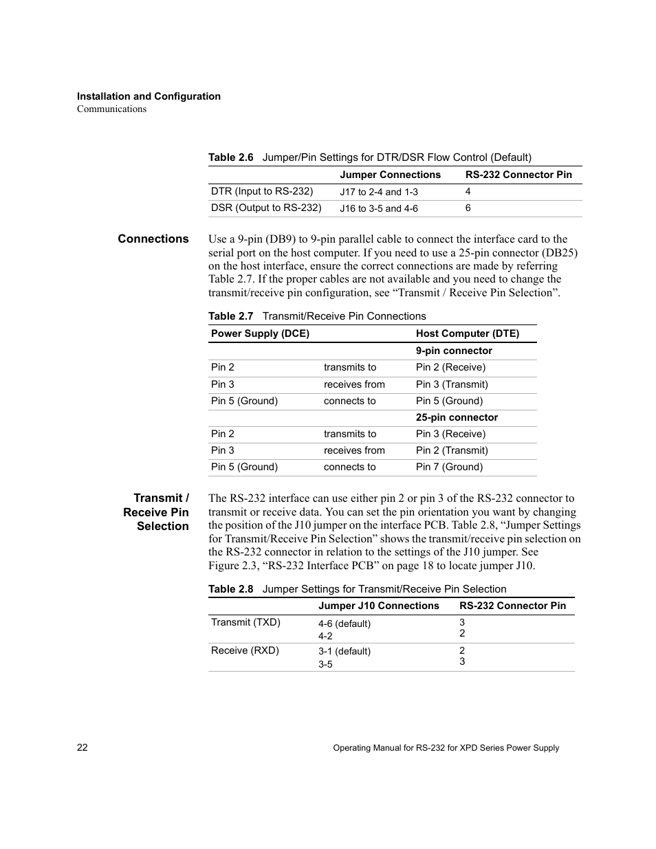 Connections, Transmit/ receive pin selection, Connections transmit / receive pin selection | Xantrex Technology RS232-XPD User Manual | Page 24 / 60