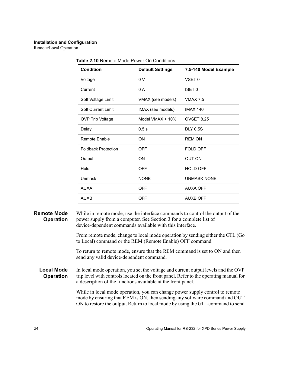 Remote mode operation, Local mode operation, Remote mode operation local mode operation | Xantrex Technology RS232-XPD User Manual | Page 26 / 60