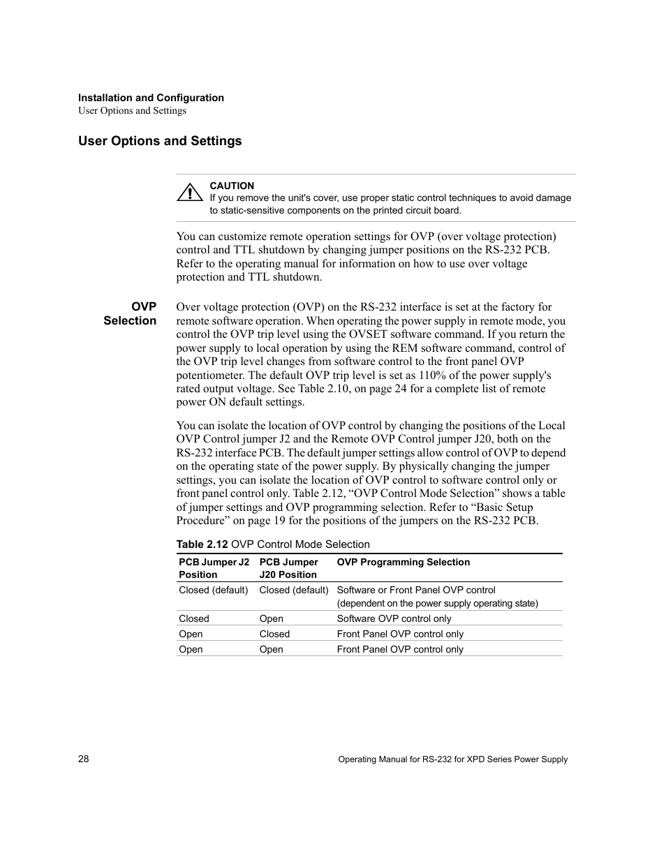 User options and settings, Ovp selection | Xantrex Technology RS232-XPD User Manual | Page 30 / 60