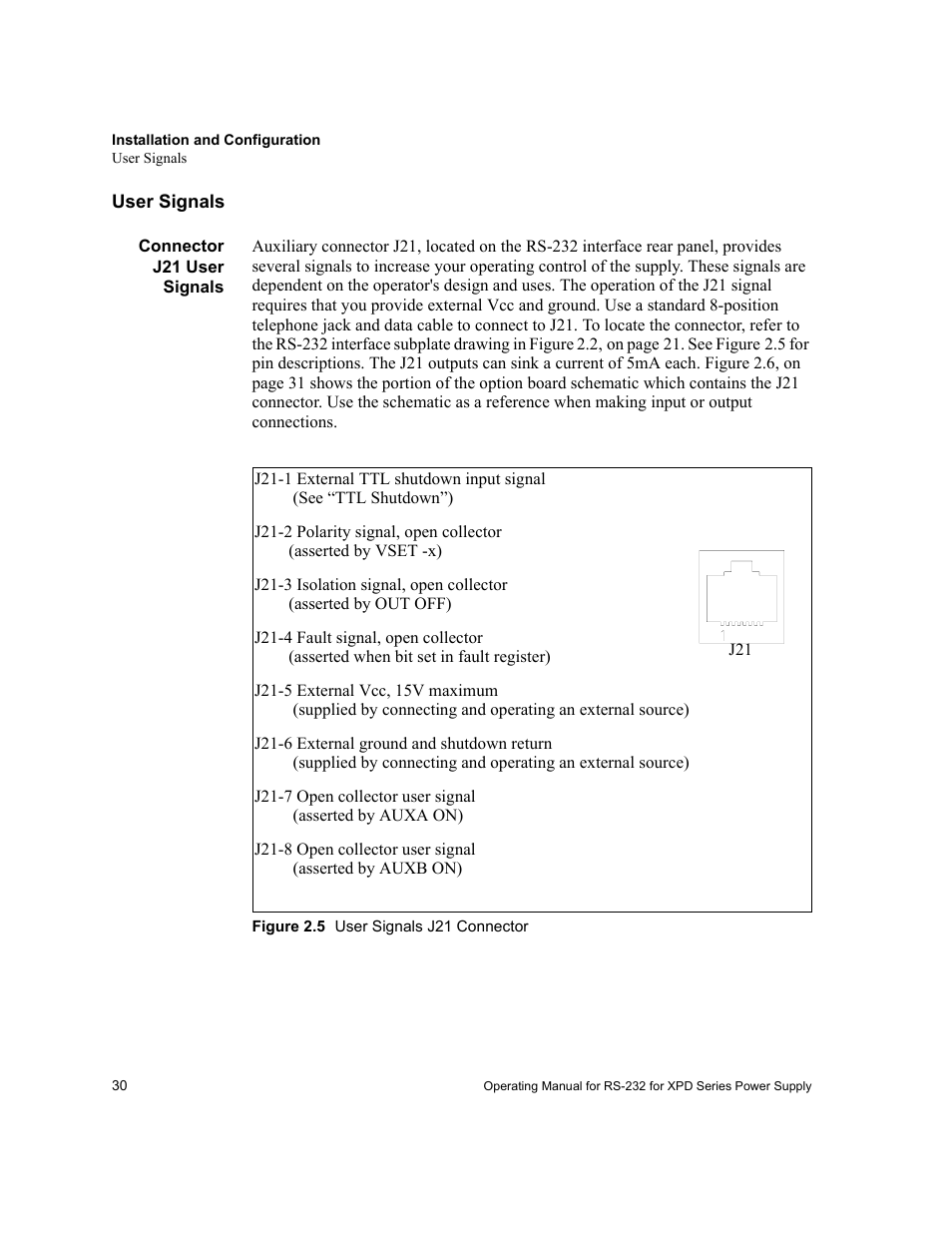 User signals, Connector j21 user signals, Figure 2.5 user signals j21 connector | User signals” on, For information about | Xantrex Technology RS232-XPD User Manual | Page 32 / 60