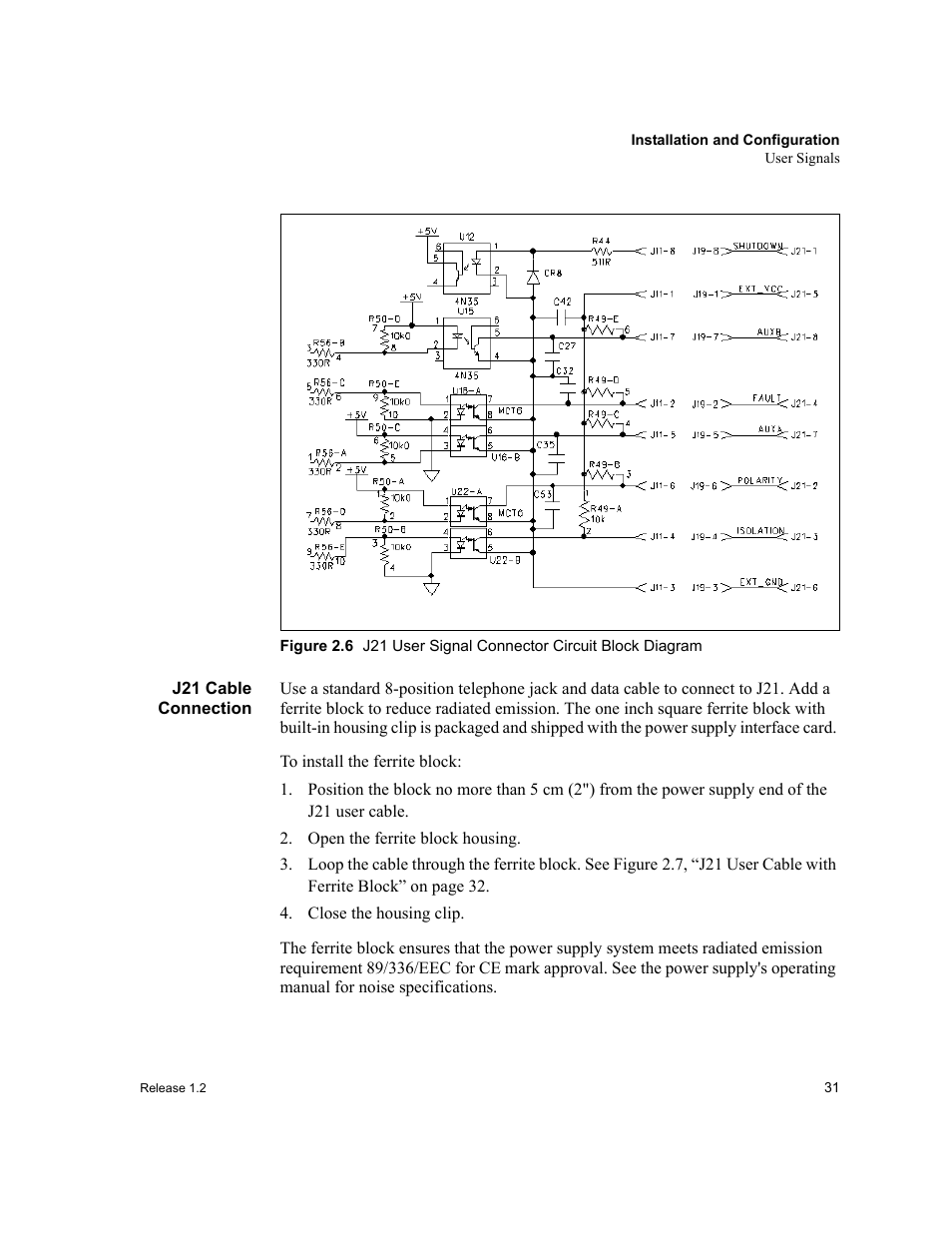 J21 cable connection, Open the ferrite block housing, Close the housing clip | Xantrex Technology RS232-XPD User Manual | Page 33 / 60