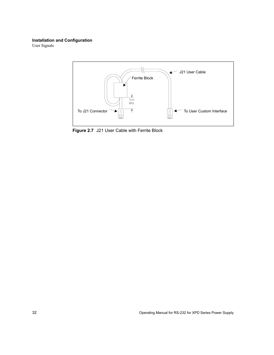 Figure 2.7 j21 user cable with ferrite block | Xantrex Technology RS232-XPD User Manual | Page 34 / 60