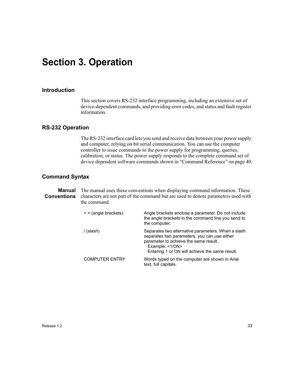 Section 3. operation, Introduction, Rs-232 operation | Command syntax, Manual conventions, Section 3. operation, Introduction rs-232 operation command syntax, See section 3 | Xantrex Technology RS232-XPD User Manual | Page 35 / 60