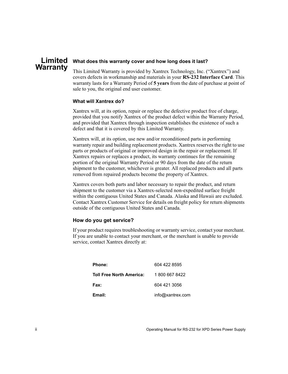 Limited warranty, What will xantrex do, How do you get service | Xantrex Technology RS232-XPD User Manual | Page 4 / 60