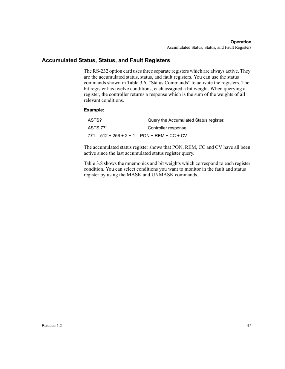 Accumulated status, status, and fault registers, Atus registers. see, Accumulated status | Accumulated status, status, and fault | Xantrex Technology RS232-XPD User Manual | Page 49 / 60