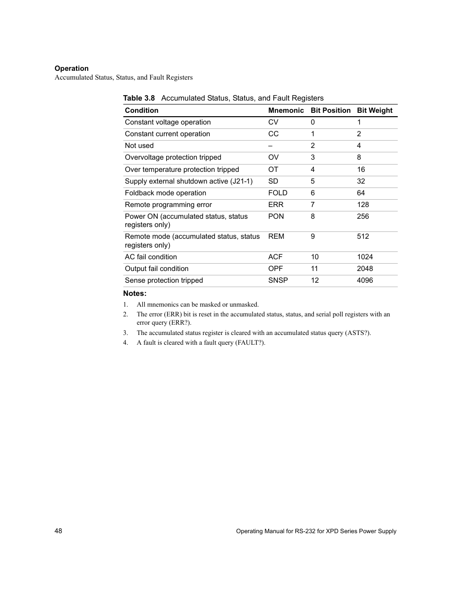 All mnemonics can be masked or unmasked, A fault is cleared with a fault query (fault?) | Xantrex Technology RS232-XPD User Manual | Page 50 / 60