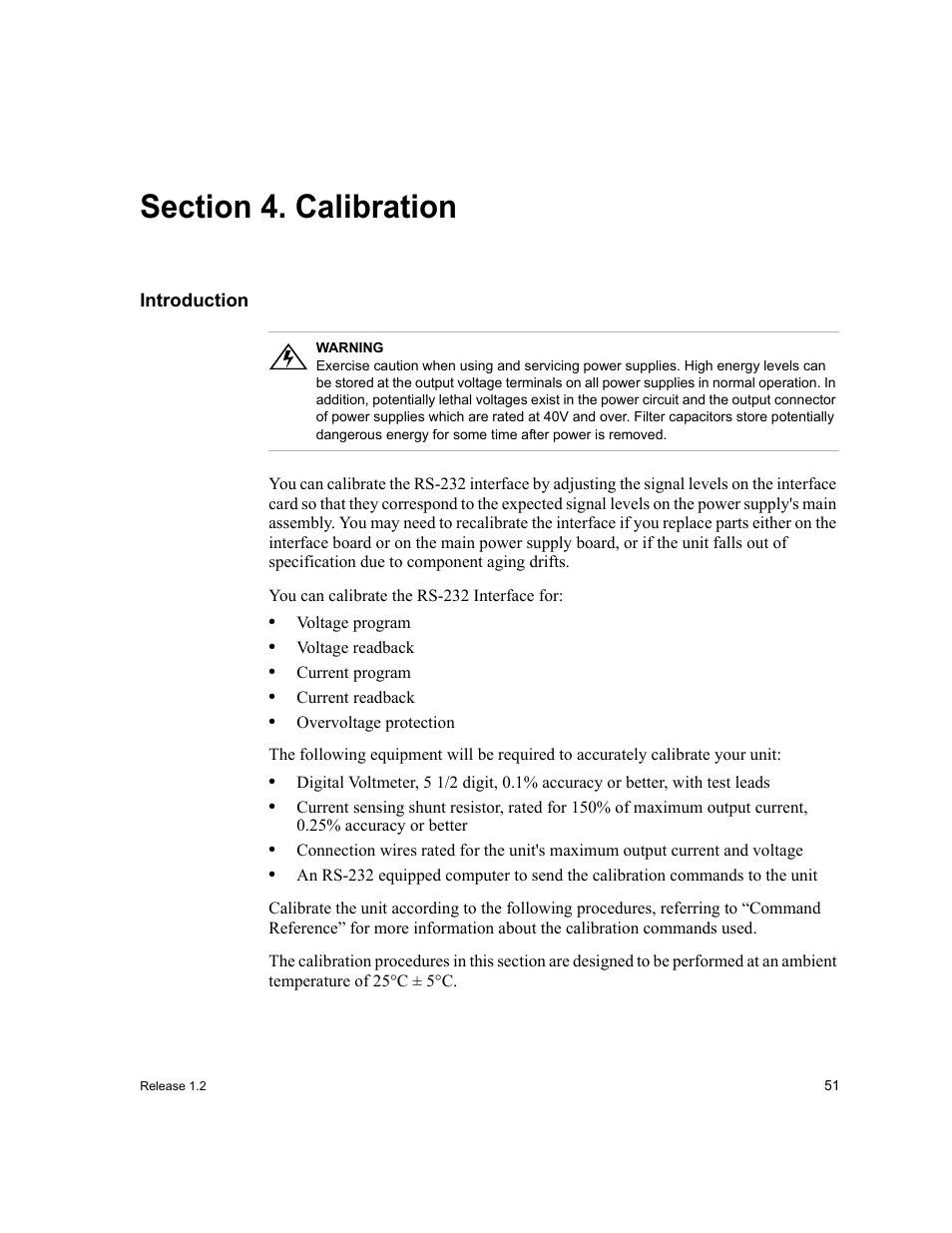 Section 4. calibration, Introduction, You can calibrate the rs-232 interface for | Section 4, Calibration, Calibration procedures in section 4, Ocedures in section 4, The calibration procedures in section 4, Also the calibration procedures in section 4, See also the calibration procedures in section 4 | Xantrex Technology RS232-XPD User Manual | Page 53 / 60