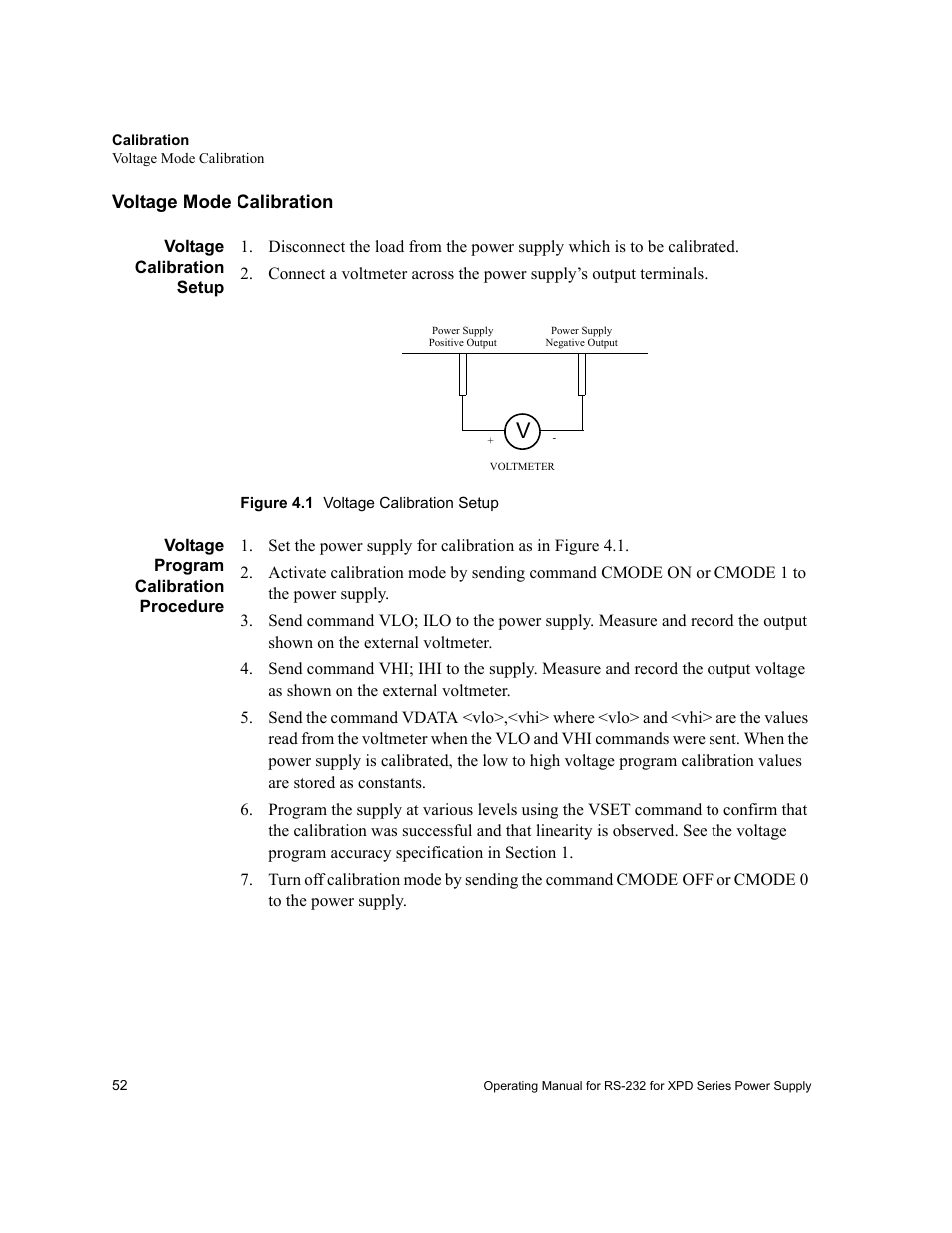 Voltage mode calibration, Voltage calibration setup, Figure 4.1 voltage calibration setup | Voltage program calibration procedure | Xantrex Technology RS232-XPD User Manual | Page 54 / 60