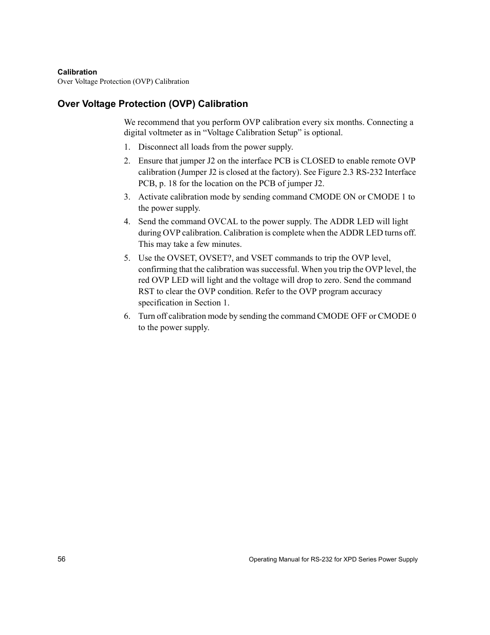 Over voltage protection (ovp) calibration, Disconnect all loads from the power supply | Xantrex Technology RS232-XPD User Manual | Page 58 / 60