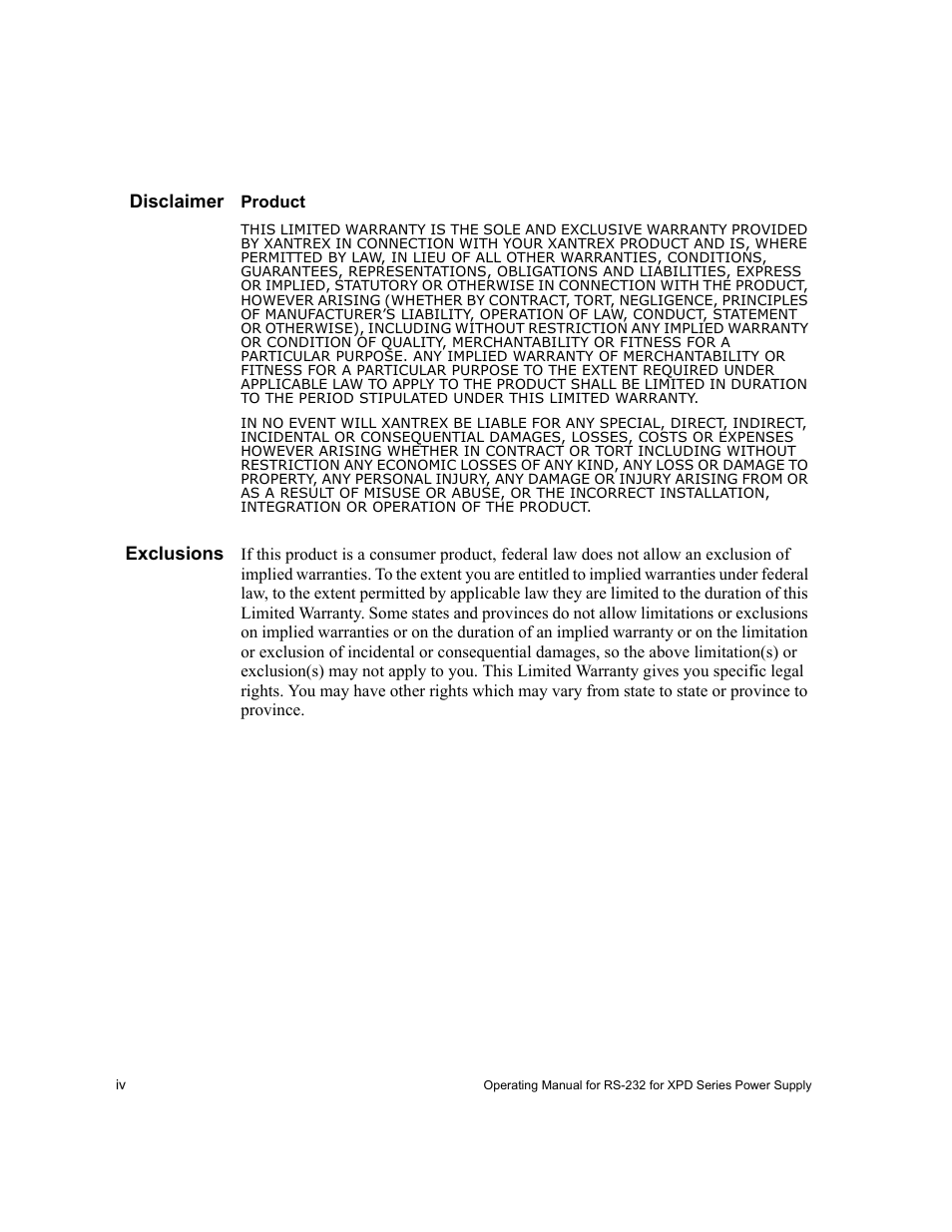 Disclaimer, Exclusions | Xantrex Technology RS232-XPD User Manual | Page 6 / 60