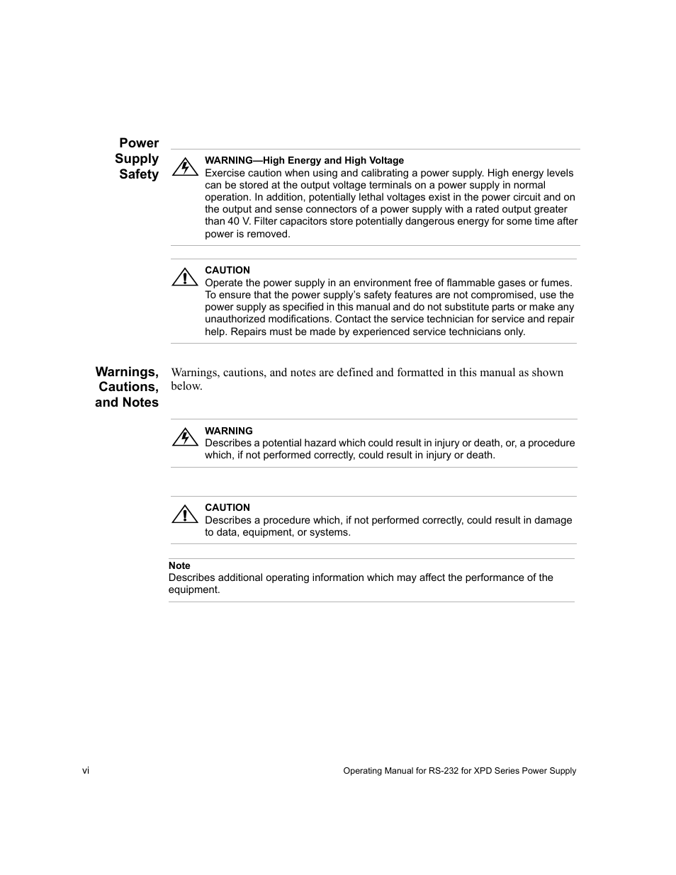 Power supply safety, Warnings, cautions, and notes, Note | Xantrex Technology RS232-XPD User Manual | Page 8 / 60