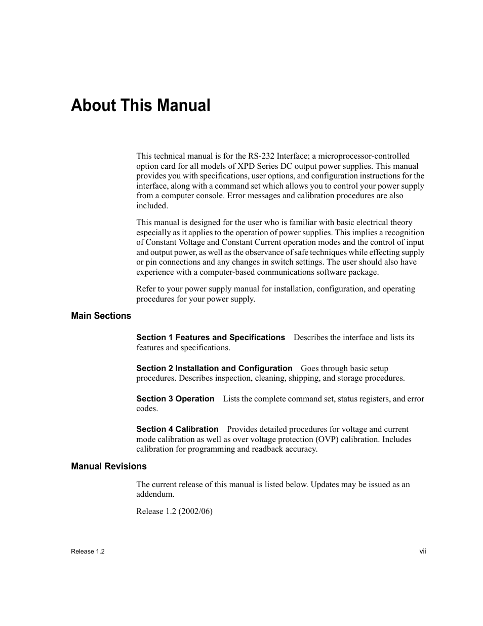 About this manual, Main sections, Section1 features and specifications | Section2 installation and configuration, Section3 operation, Section4 calibration, Manual revisions | Xantrex Technology RS232-XPD User Manual | Page 9 / 60