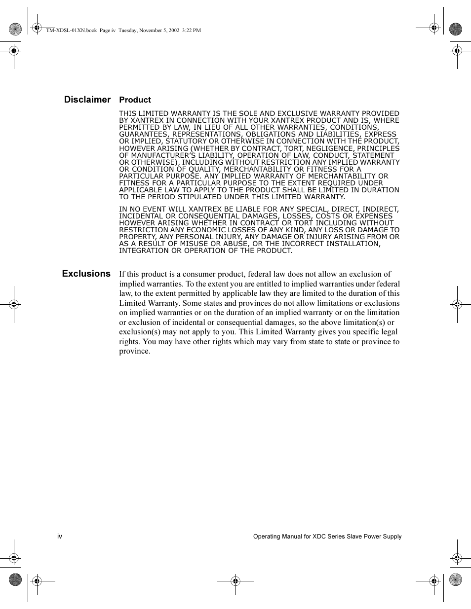 Disclaimer, Exclusions | Xantrex Technology XDC 80-75SL User Manual | Page 6 / 36