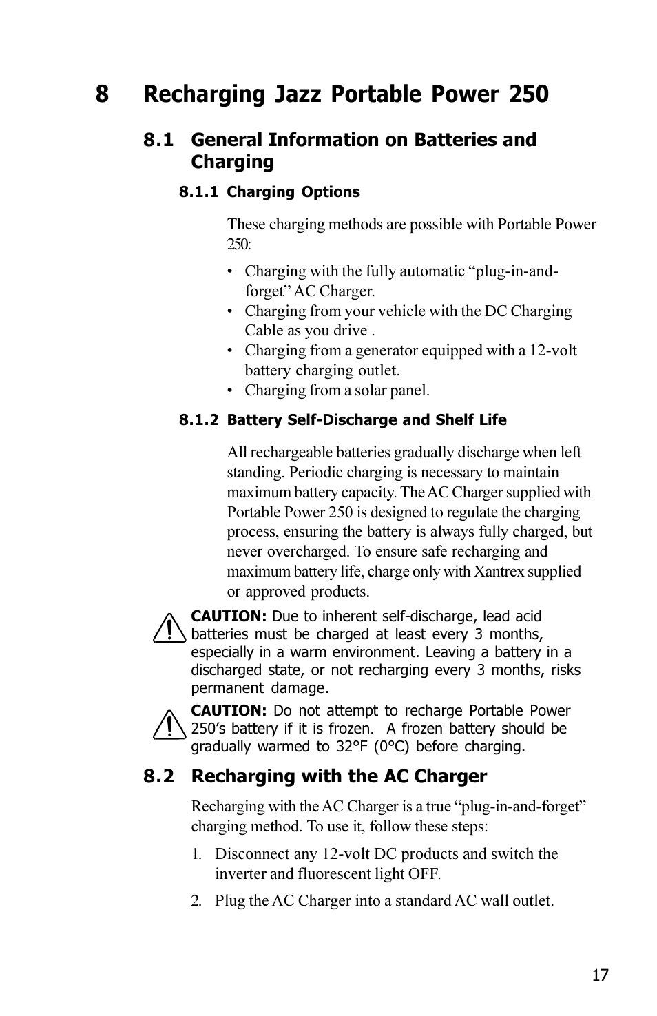 8recharging jazz portable power 250 | Xantrex Technology JAZZ 250 User Manual | Page 21 / 36