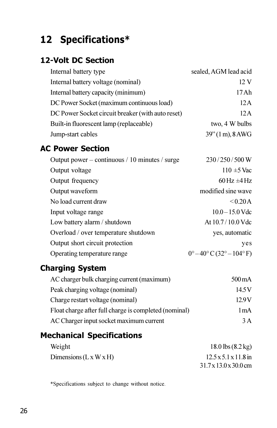 12 specifications | Xantrex Technology JAZZ 250 User Manual | Page 30 / 36