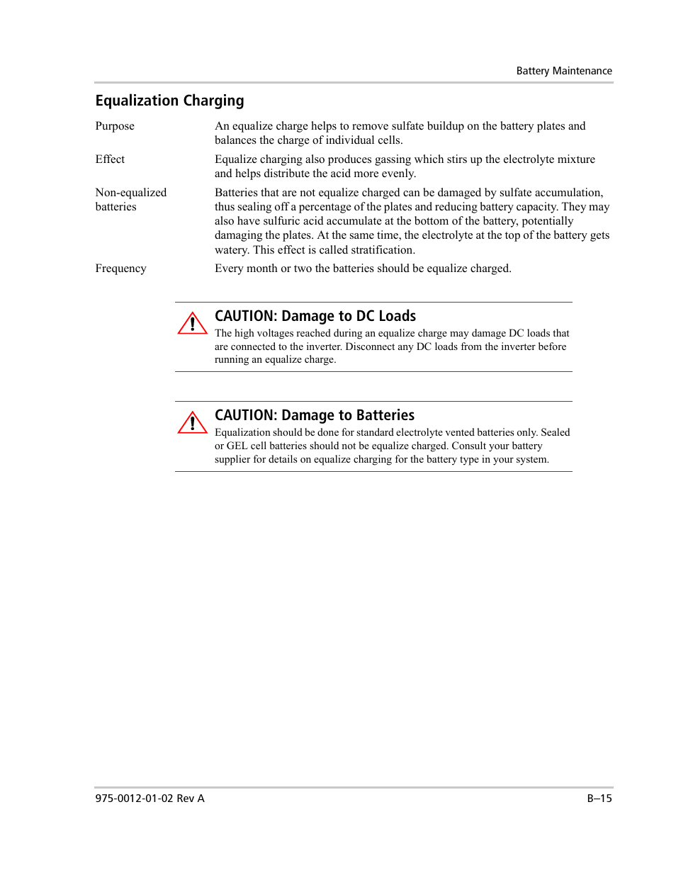 Equalization charging, Caution: damage to dc loads, Caution: damage to batteries | Xantrex Technology DR1524W User Manual | Page 105 / 122