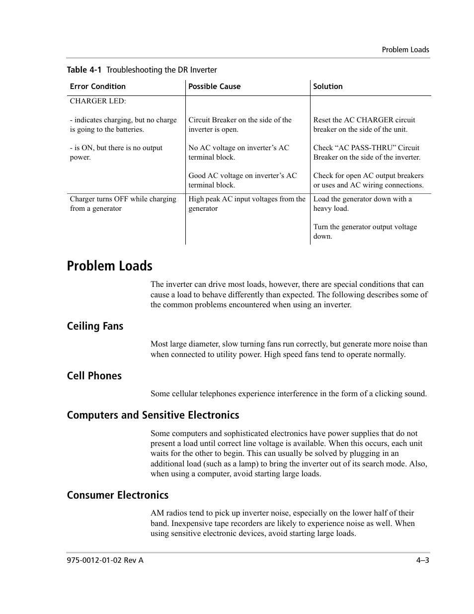 Problem loads, Ceiling fans, Cell phones | Computers and sensitive electronics, Consumer electronics | Xantrex Technology DR1524W User Manual | Page 79 / 122