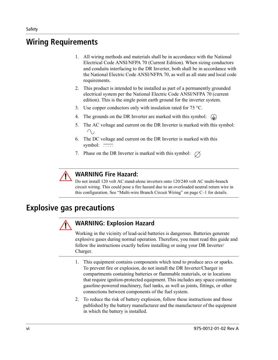 Wiring requirements, Explosive gas precautions | Xantrex Technology DR1524W User Manual | Page 8 / 122