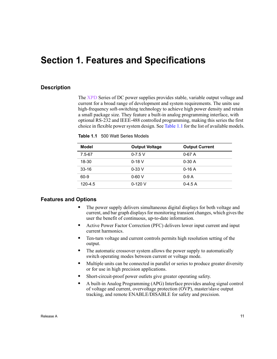 Section 1. features and specifications, Description, Features and options | Section 1, Features and, Specifications, Description features and options | Xantrex Technology XPD 60-9 User Manual | Page 13 / 56