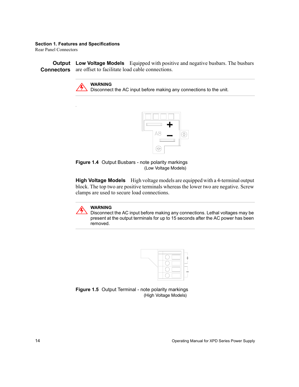 Output connectors, Low voltage models, Figure 1.4 output busbars - note polarity markings | High voltage models | Xantrex Technology XPD 60-9 User Manual | Page 16 / 56