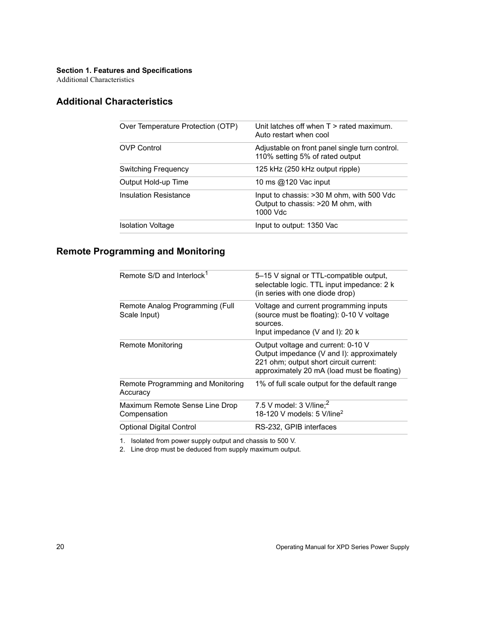 Additional characteristics, Remote programming and monitoring | Xantrex Technology XPD 60-9 User Manual | Page 22 / 56