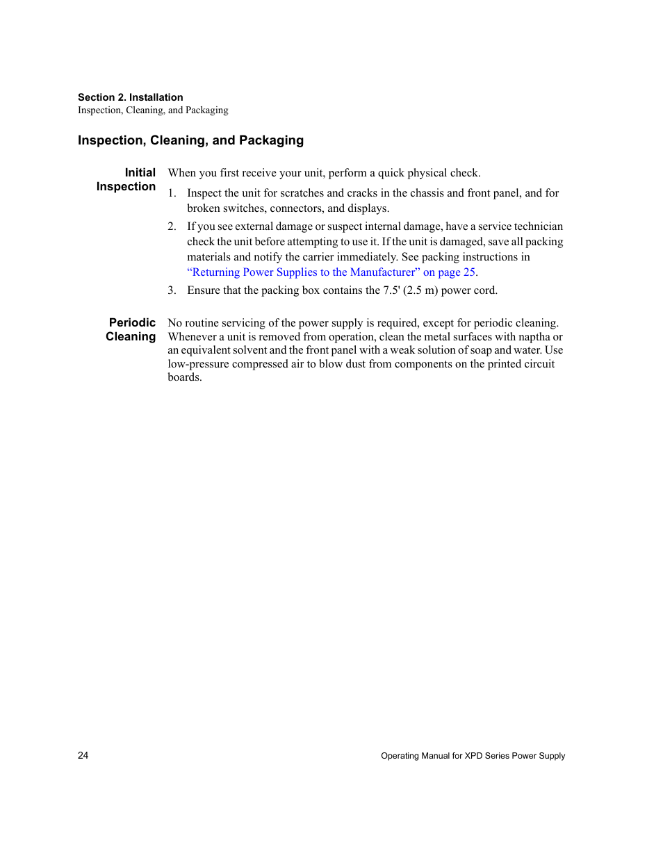 Inspection, cleaning, and packaging, Initial inspection, Periodic cleaning | Initial inspection periodic cleaning, Inspection, cleaning, and | Xantrex Technology XPD 60-9 User Manual | Page 26 / 56