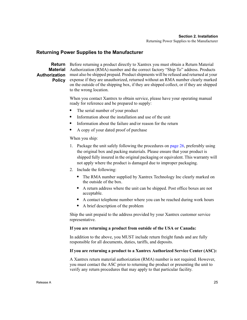 Returning power supplies to the manufacturer, Return material authorization policy, Include the following | Xantrex Technology XPD 60-9 User Manual | Page 27 / 56