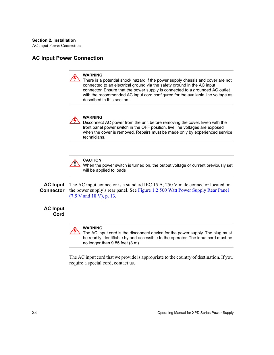 Ac input power connection, Ac input connector, Ac input cord | Ac input connector ac input cord | Xantrex Technology XPD 60-9 User Manual | Page 30 / 56