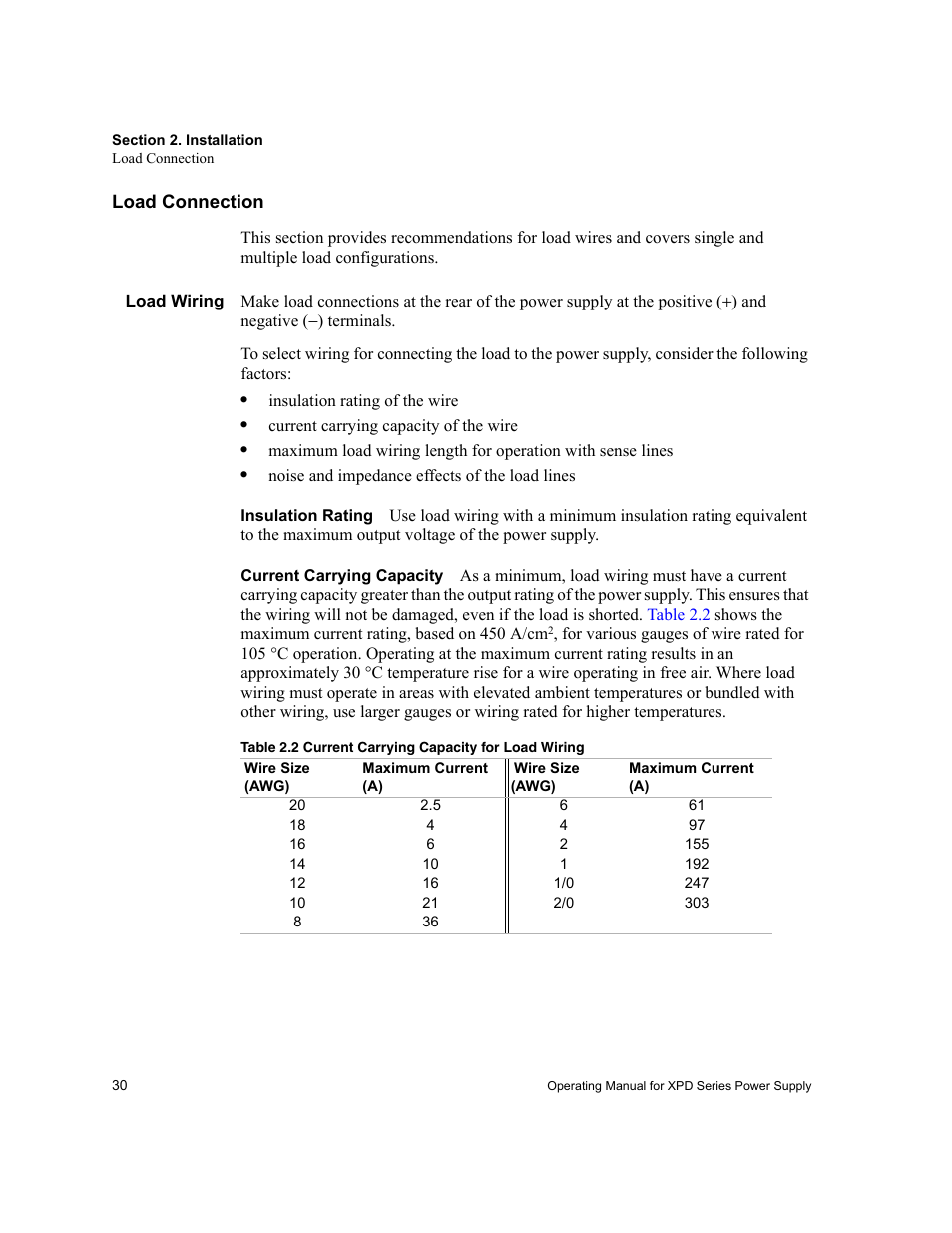 Load connection, Load wiring, Insulation rating | Current carrying capacity | Xantrex Technology XPD 60-9 User Manual | Page 32 / 56